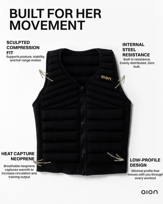 Black vest with text highlighting features on a white background