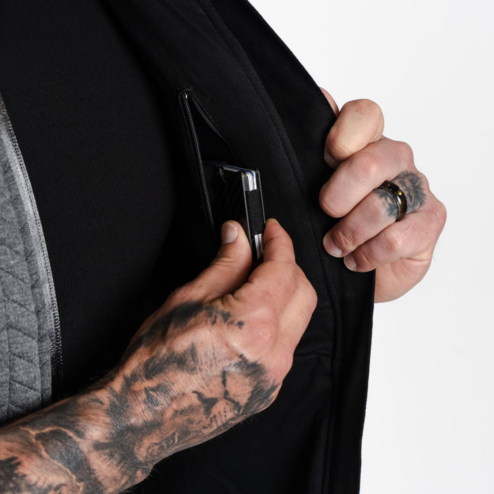 Close-up of interior pocket in Aion Boardroom Recovery Vest in Chevron Gray
