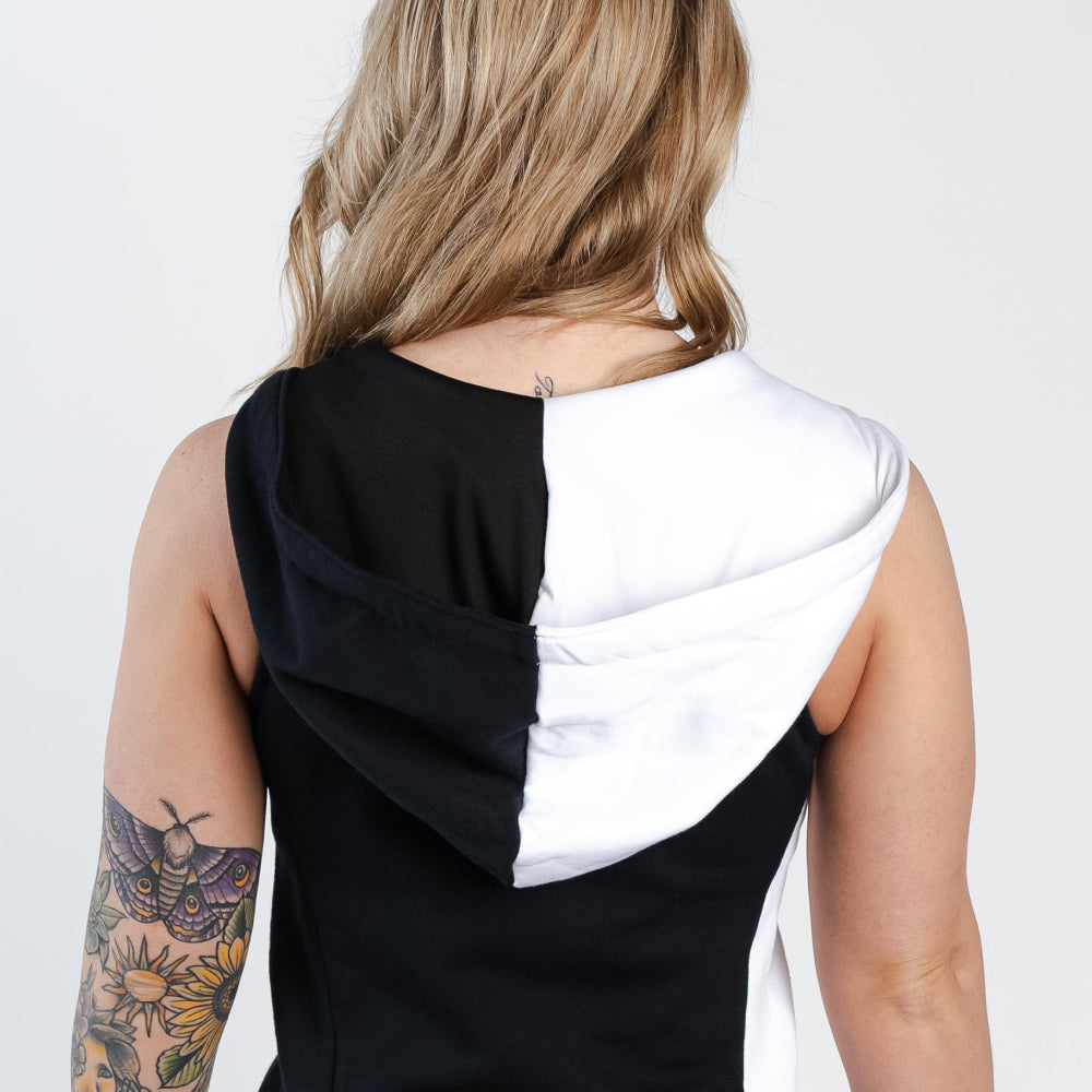 Back view of Aion women’s split black and white underhoodie