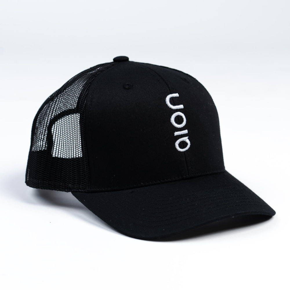 Front view of black Aion hat with white Aion logo