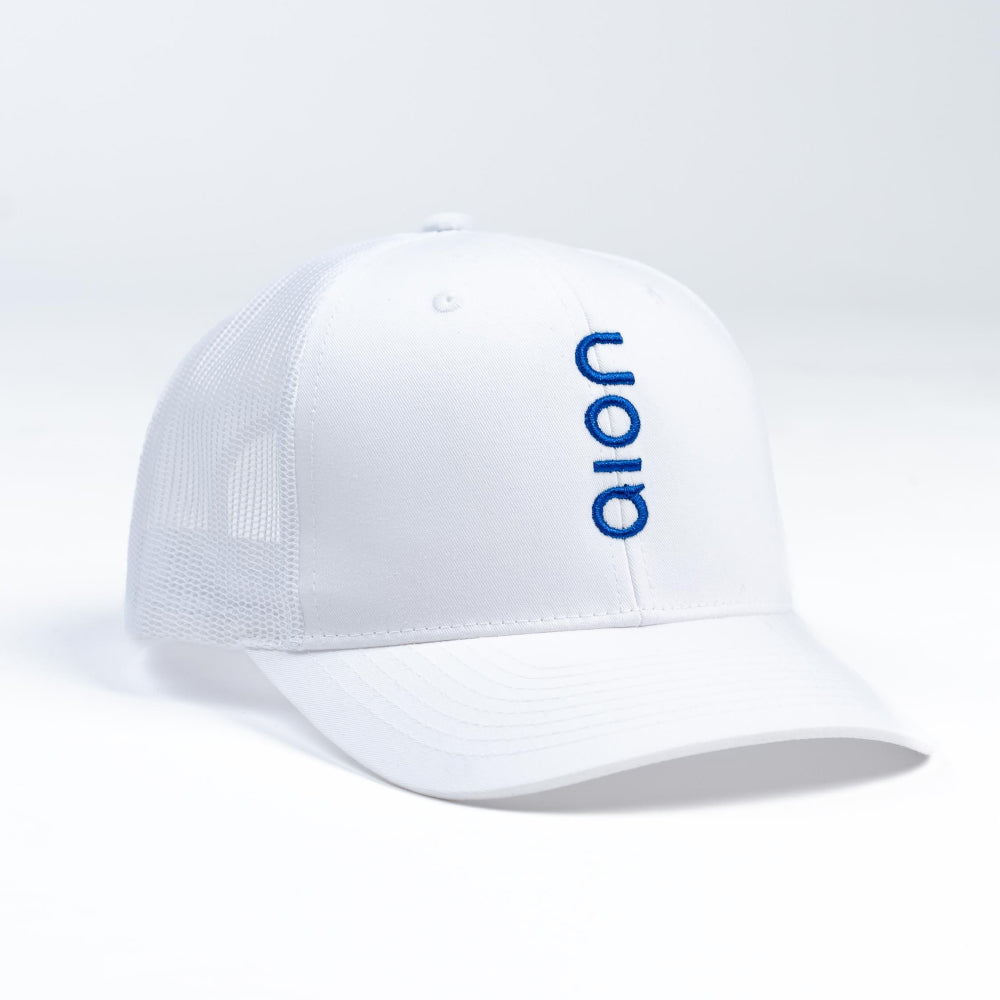 Front view of white Aion hat with blue Aion logo