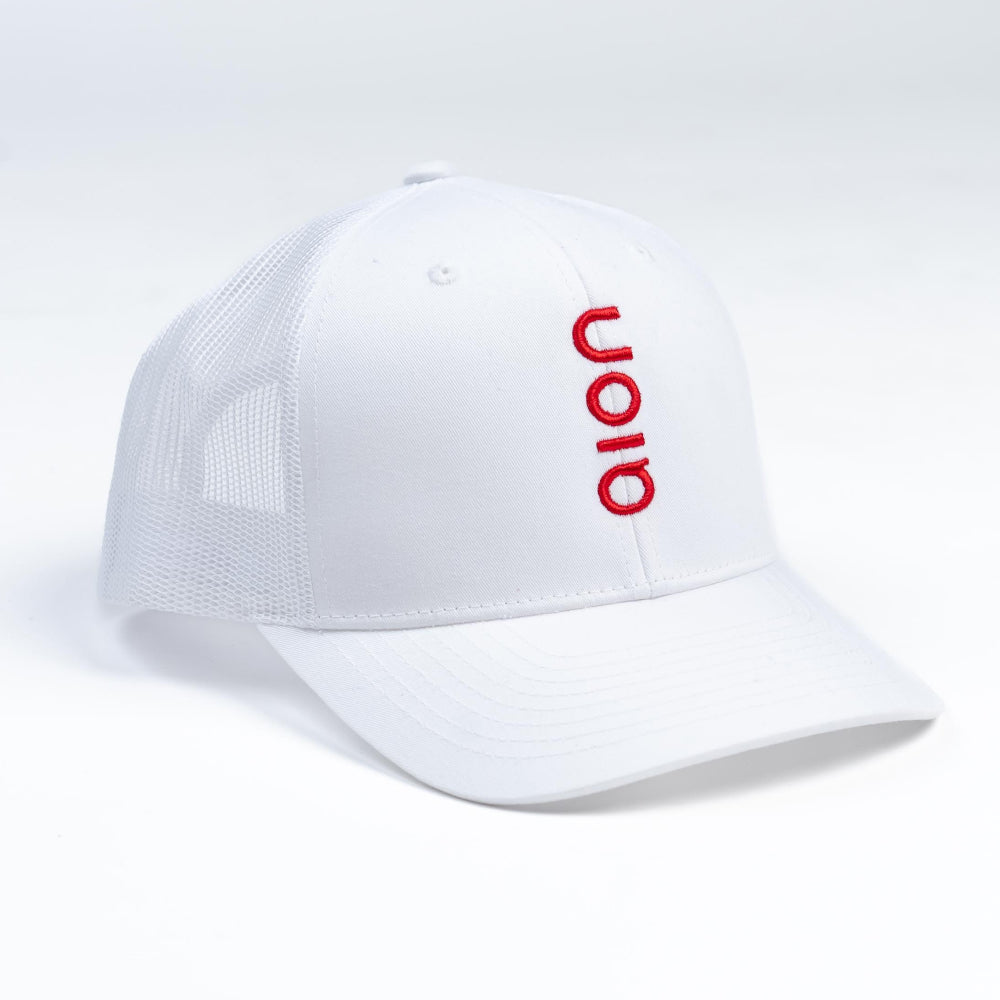 Front view of white Aion hat with red Aion logo
