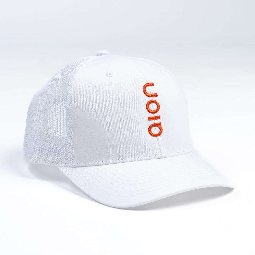 Front view of white Aion hat with red Aion logo