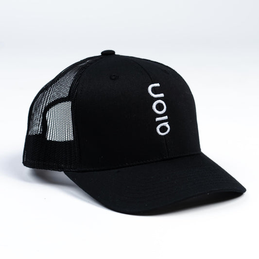 Front view of black Aion hat with white Aion logo